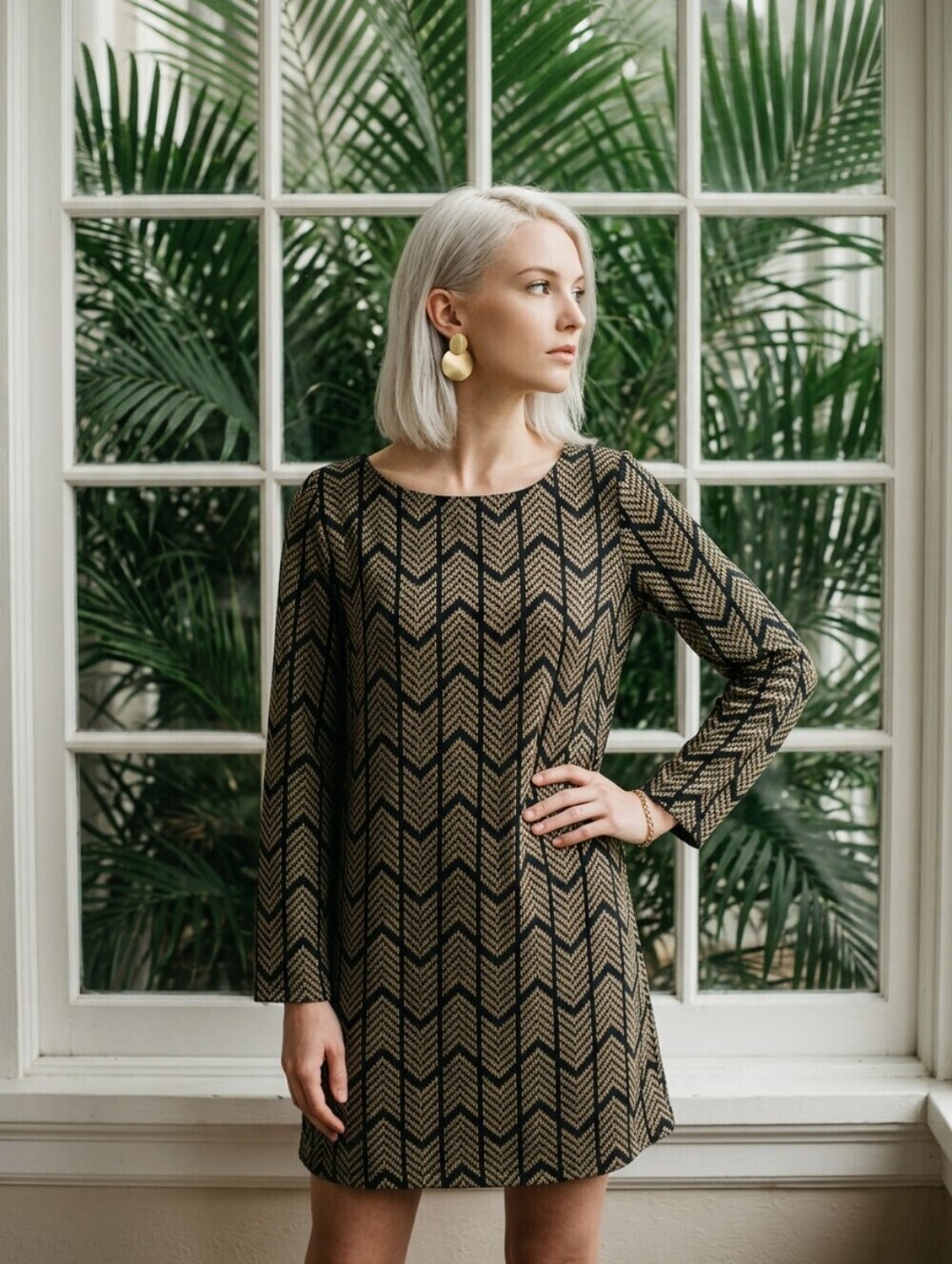 Art Deco MCM Long Sleeve Shift Dress S/M